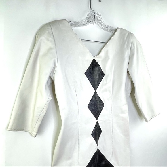 RARE Vintage Leathercraft Process 80's White Leather Fitted Dress Diamond Detail - Picture 3 of 14